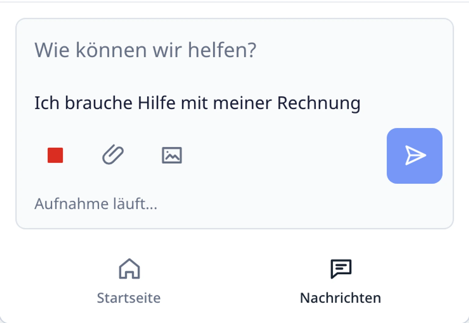 Das Mikrofon im Website-Widget verwenden: Aufnahme starten und stoppen, 2. Erlauben Sie den Zugriff, wenn der Browser fragt. Während der Aufnahme wechselt das Mikrofonsymbol zu einem roten Stoppsymbol.