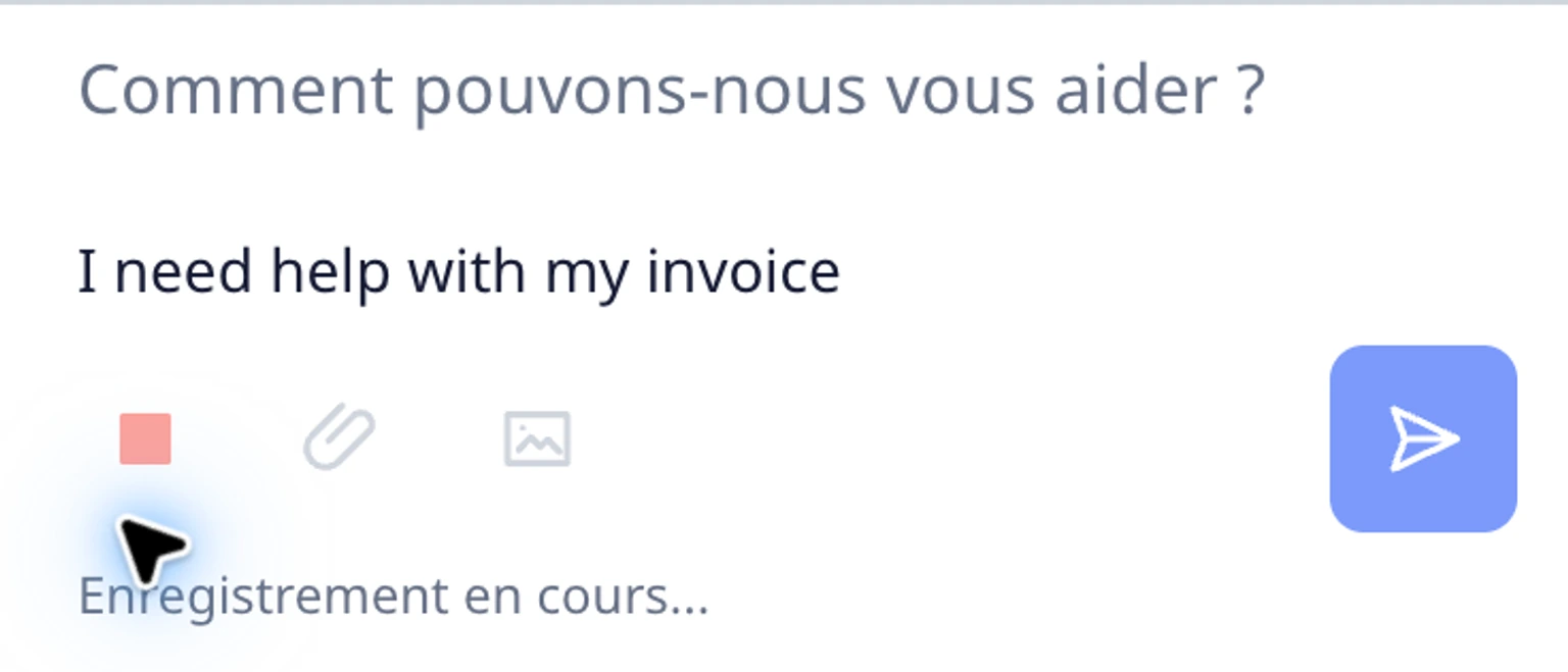 Utiliser le microphone dans le widget du site: Démarrer et arrêter l'enregistrement, 2. Autorisez l'accès lorsque le navigateur le demande. Pendant l'écoute du widget, le contrôle du microphone devient une icône rouge d'arrêt.