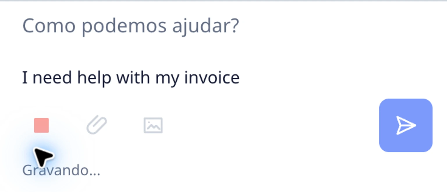 Usar o microfone no widget do site: Iniciar e parar a gravação, 2. Permita o acesso quando o navegador perguntar. Enquanto o widget estiver ouvindo, o controle do microfone muda para um ícone vermelho de parada.