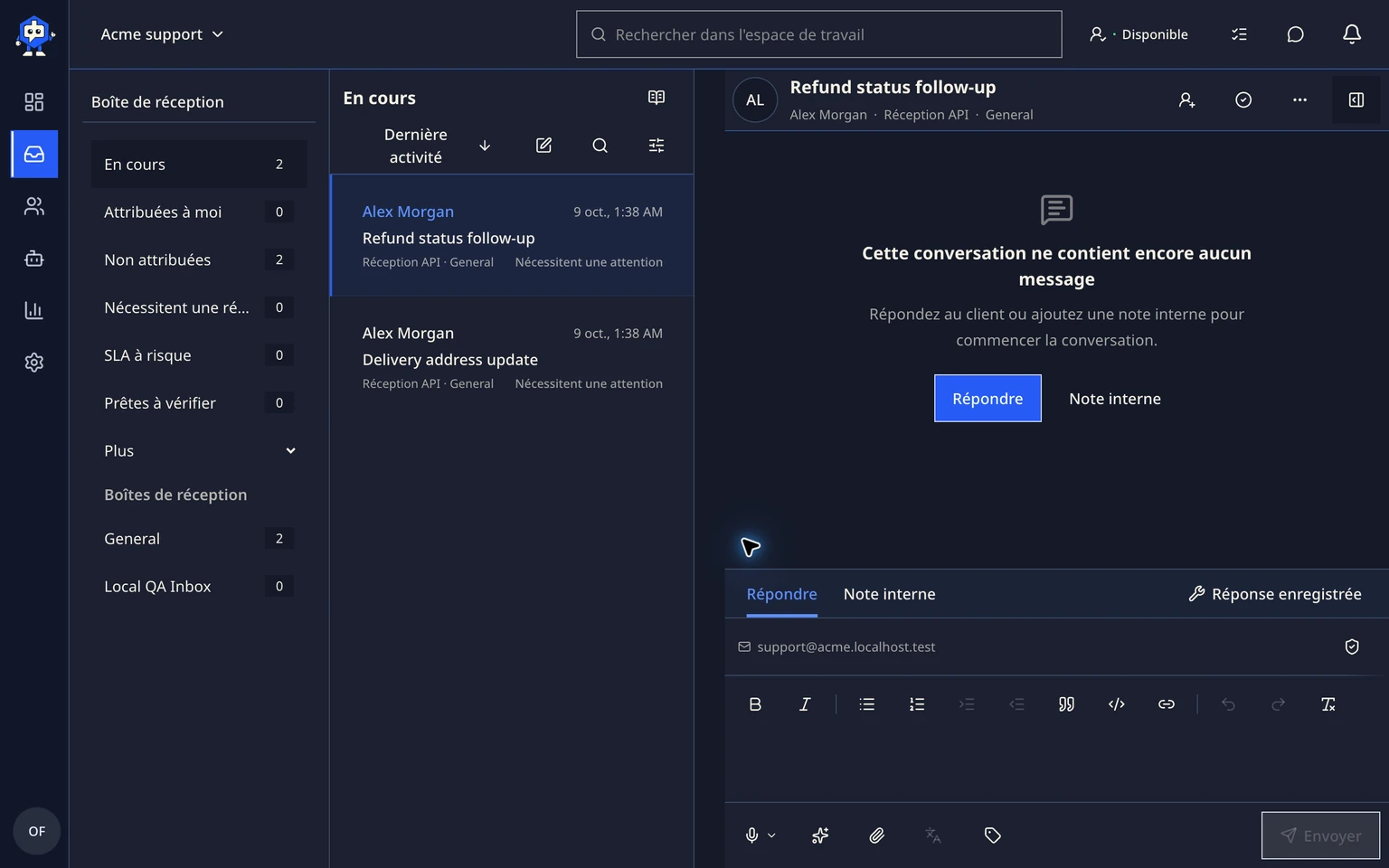 Travailler dans la boîte de réception de support DobroDesk: Dicter un brouillon sans l'envoyer