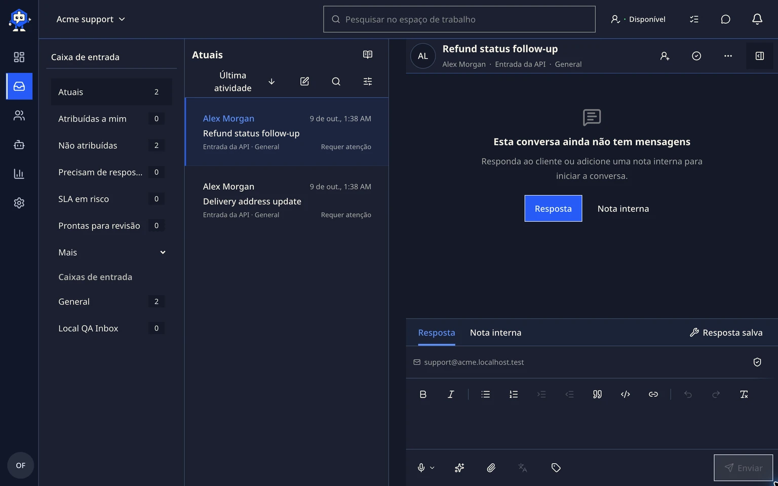 Trabalhar na Caixa de entrada de suporte do DobroDesk: Ditar um rascunho sem enviar