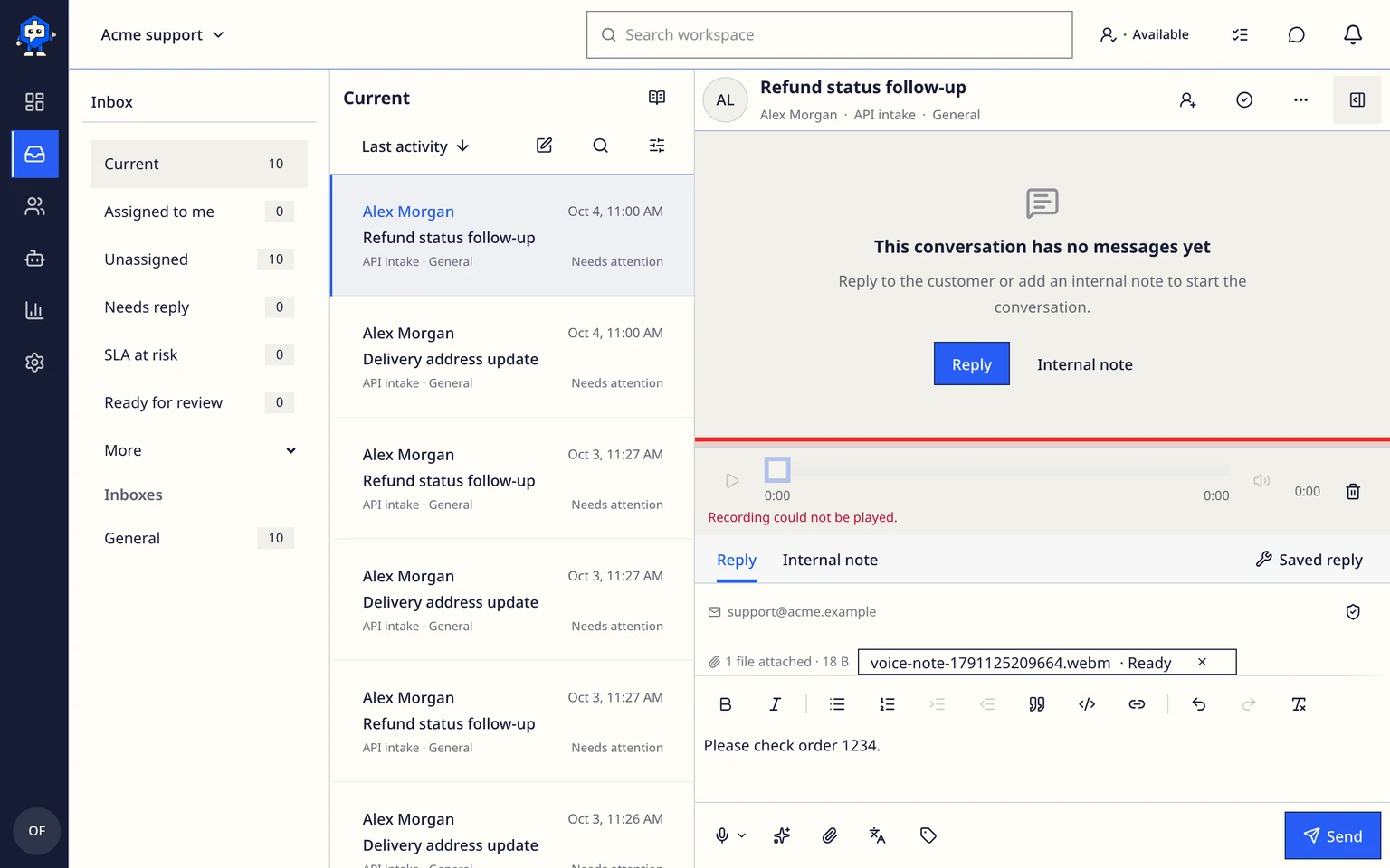 Work in your DobroDesk support Inbox: Dictate a draft without sending it