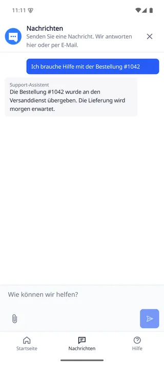 Nativer Android-SDK-Chat von DobroDesk mit lokalisierten Nachrichten von Kunde und Assistent, Eingabefeld und unterer Navigation