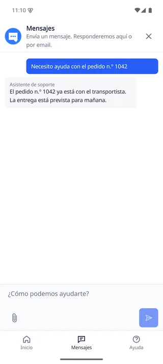 Pantalla de chat del SDK nativo de Android de DobroDesk con mensajes localizados del cliente y del asistente, compositor y navegación inferior