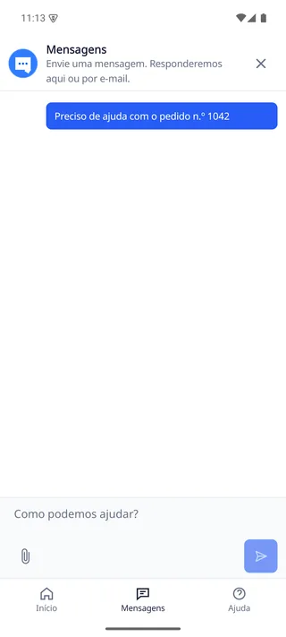 Tela de conversa do SDK nativo do Android da DobroDesk com uma mensagem do cliente localizada, campo de entrada e navegação inferior