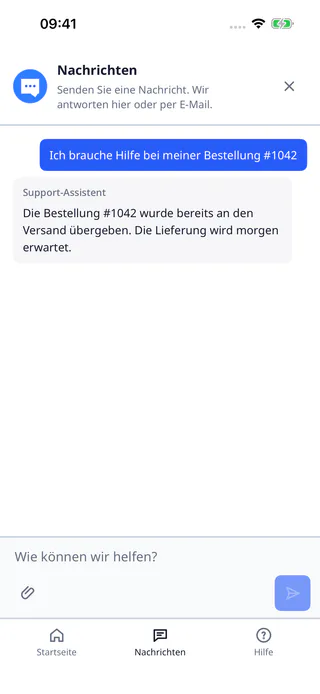Nativer iOS-SDK-Chat von DobroDesk mit Supportnachricht, Eingabefeld und unterer Navigation