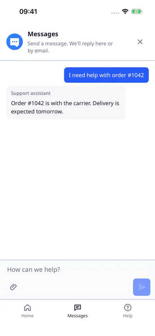 DobroDesk native iOS SDK chat screen with a support message, composer and bottom navigation